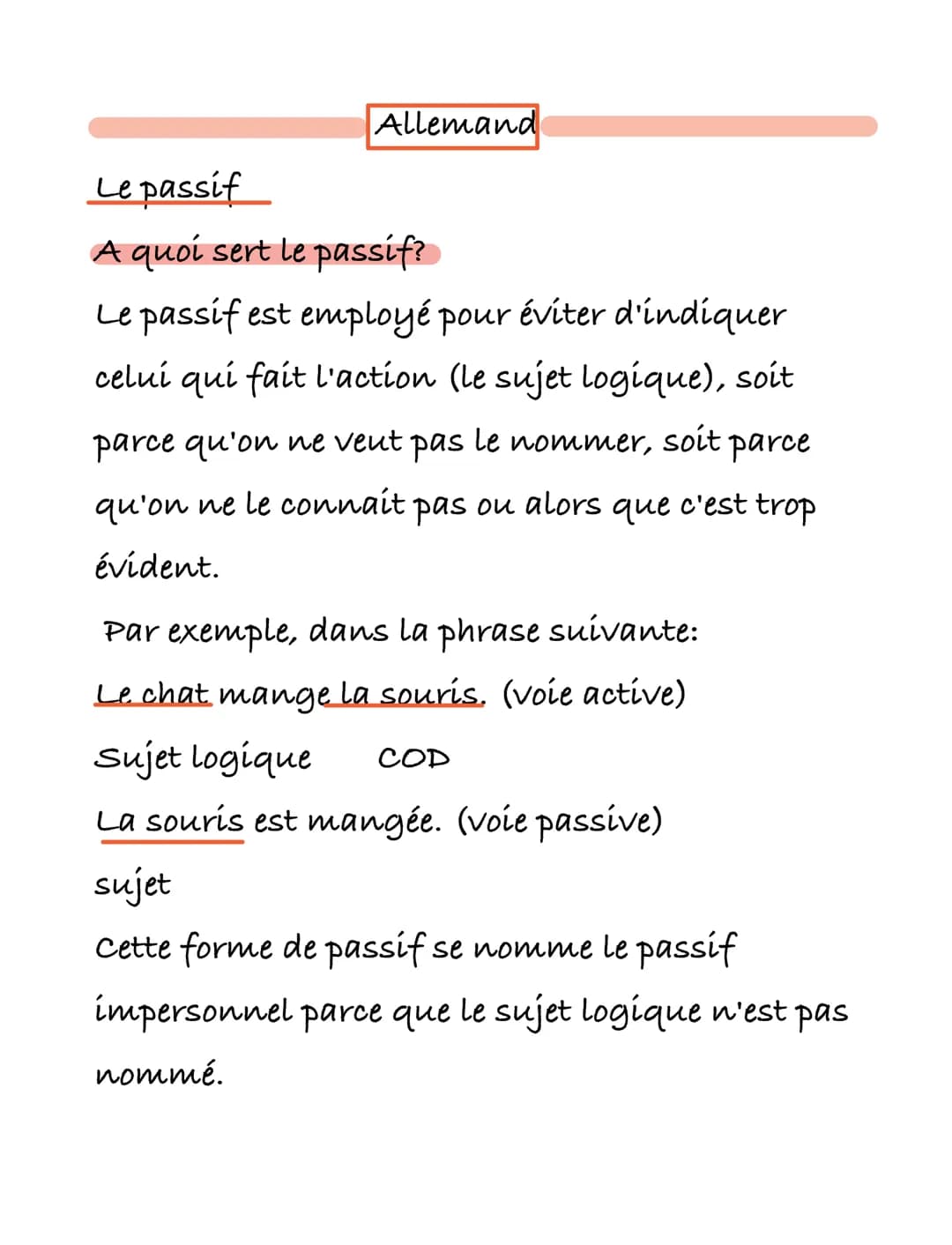 Allemand
Le passif
A quoi sert le passif?
Le passif est employé pour éviter d'indiquer
celui qui fait l'action (le sujet logique), soit
parc