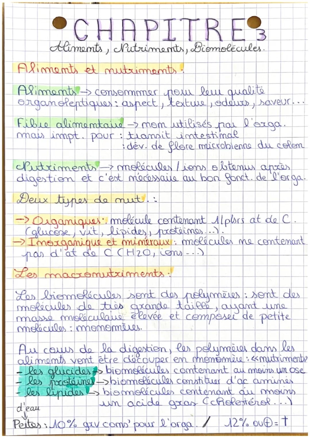 CHAPITRE 3
Aliments, Nutriments, Biomolécules.
Aliments et nutriments.
Aliments consommer pour leur qualité
organoleptiques: aspect, textie,