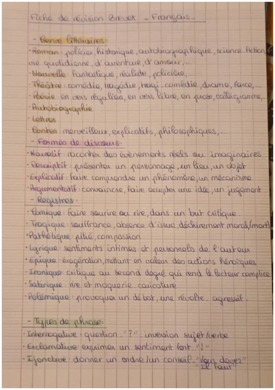 # Fiche de révision Brevet -Français-

- Genre littéraires

- Roman policies, historique, autobiographique, science fiction,

  ore quotidie