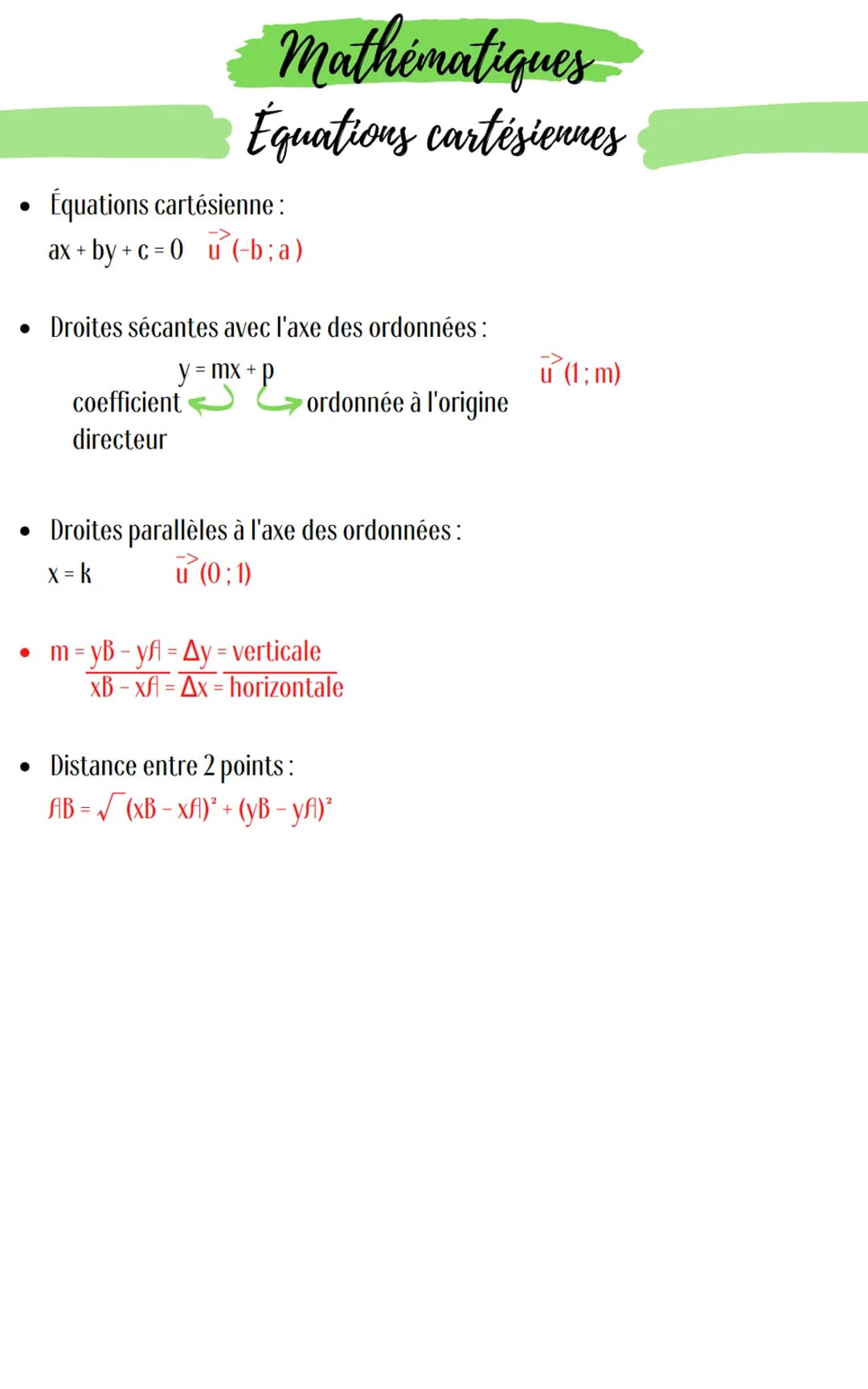 ●
mathématiques
Équations cartésiennes
Équations cartésienne:
ax+by+c=0 (b;a)
• Droites sécantes avec l'axe des ordonnées:
= mx + P
coeffici