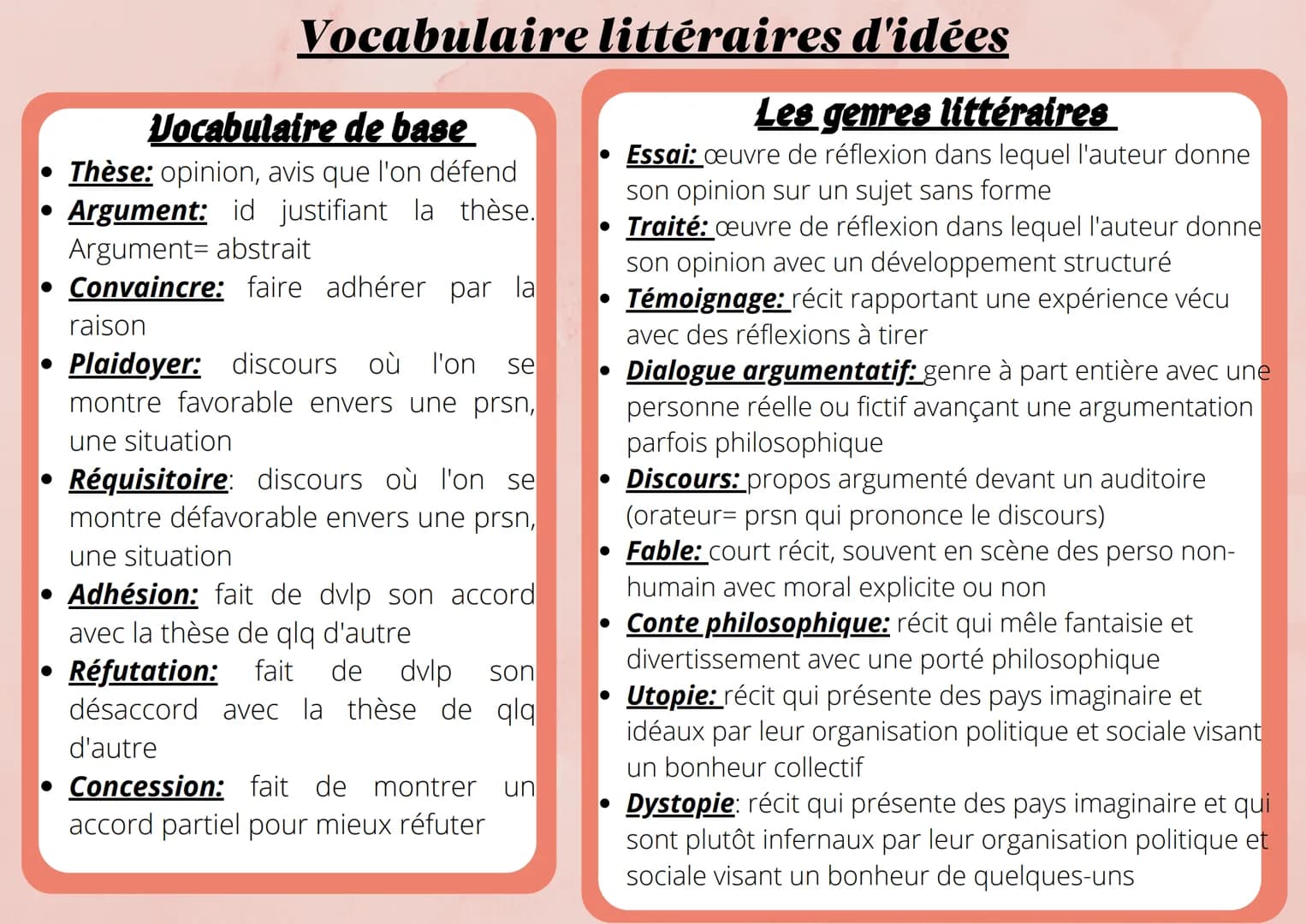 Vocabulaire
Vocabulaire de base
Thèse: opinion, avis que l'on défend
Argument: id justifiant la thèse.
Argument- abstrait
Convaincre: faire 
