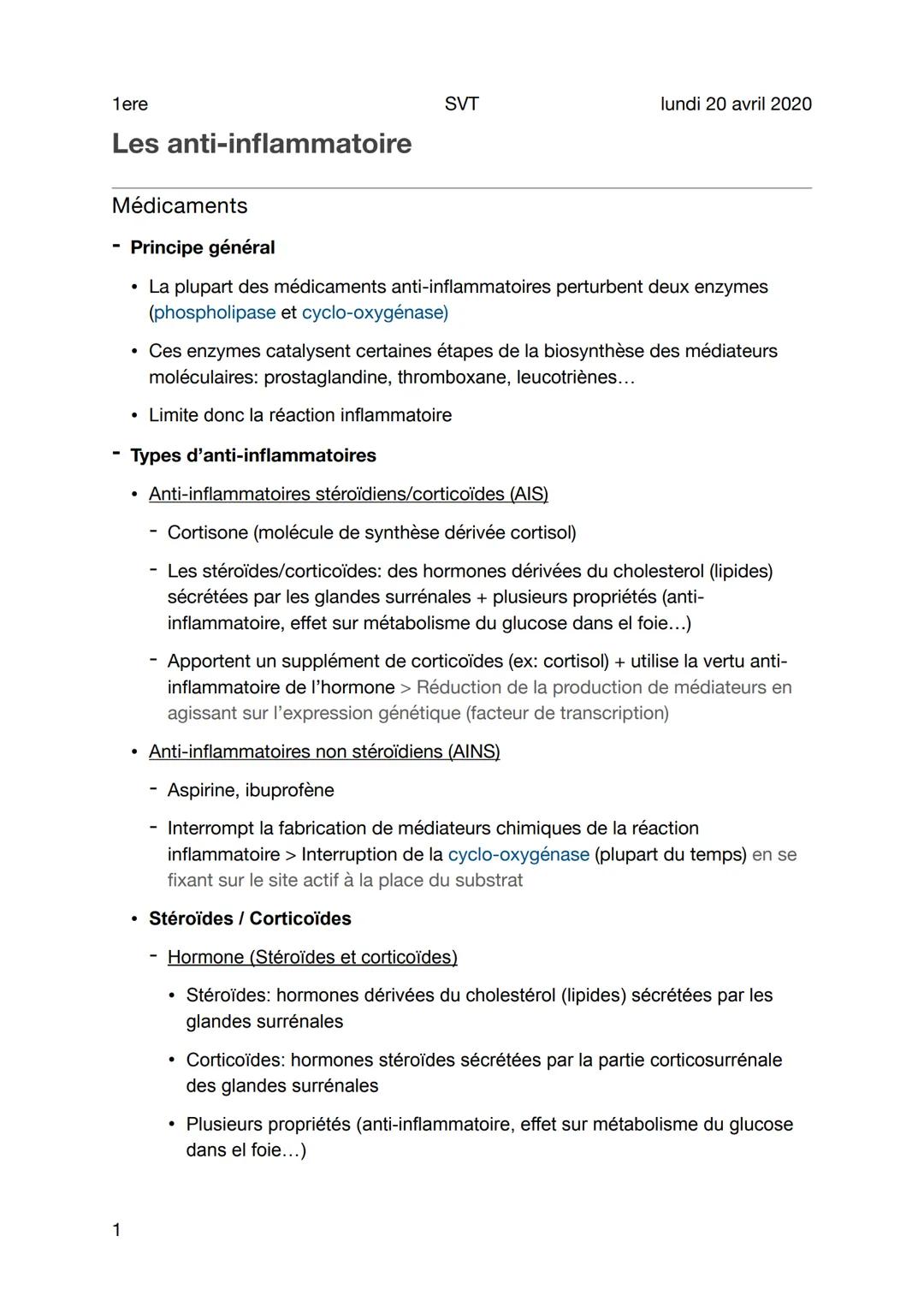 1ere
Les anti-inflammatoire
Médicaments
1
Principe général
• La plupart des médicaments anti-inflammatoires perturbent deux enzymes
(phospho