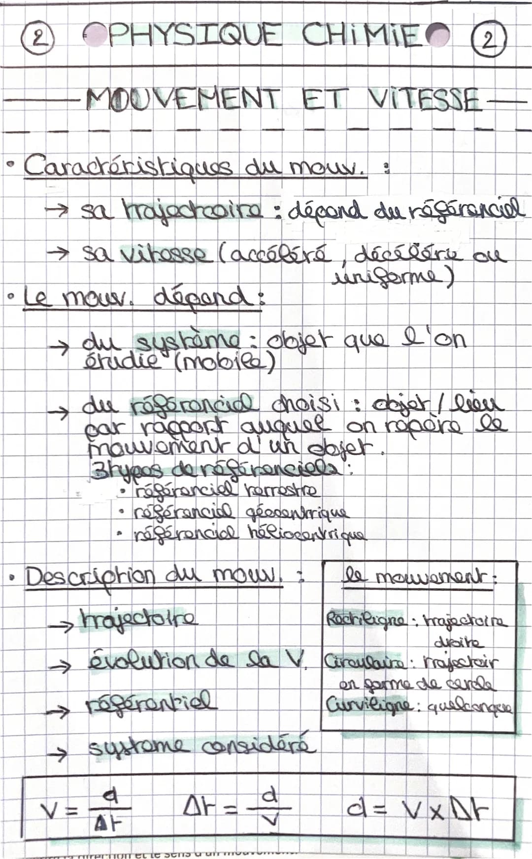 (2) PHYSIQUE
-MOUVEMENT
●
Caractéristiques du mouv. :
→ sa trajectoire : décond du référenciel
→ sa vitesse (accéléré, décélére ou
uniforme)