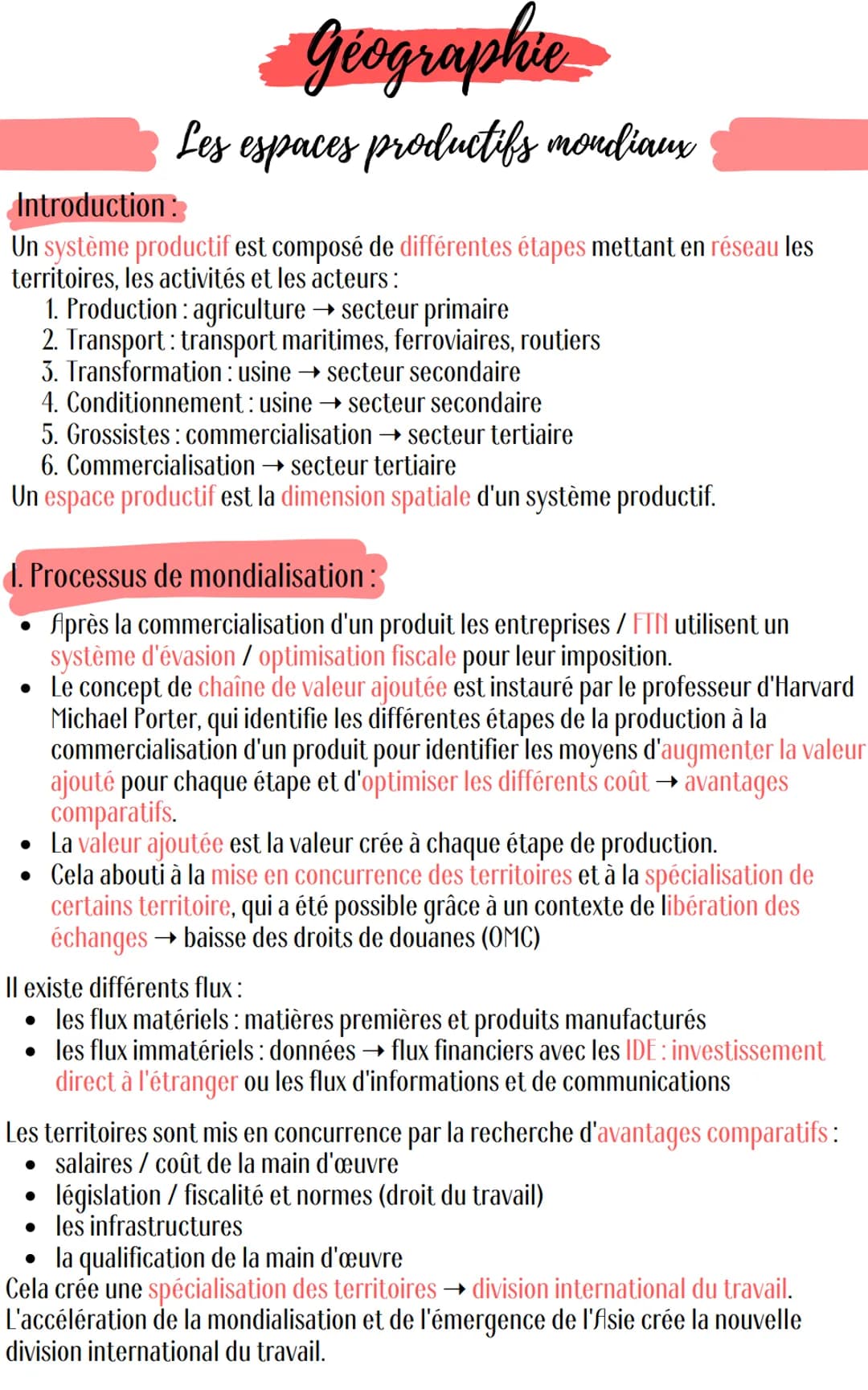 Geographie
Les espaces productifs mondiaux
Introduction:
Un système productif est composé de différentes étapes mettant en réseau les
territ