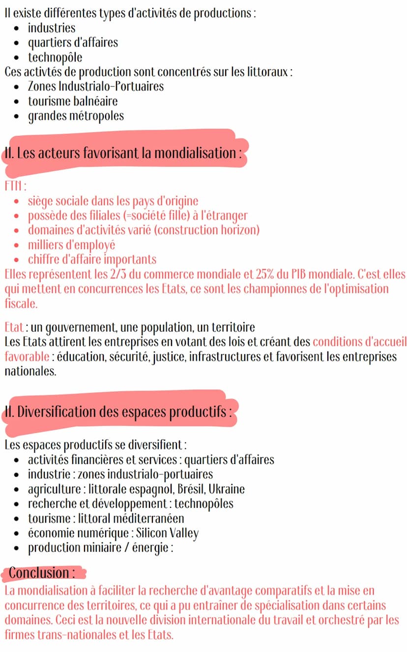 Geographie
Les espaces productifs mondiaux
Introduction:
Un système productif est composé de différentes étapes mettant en réseau les
territ