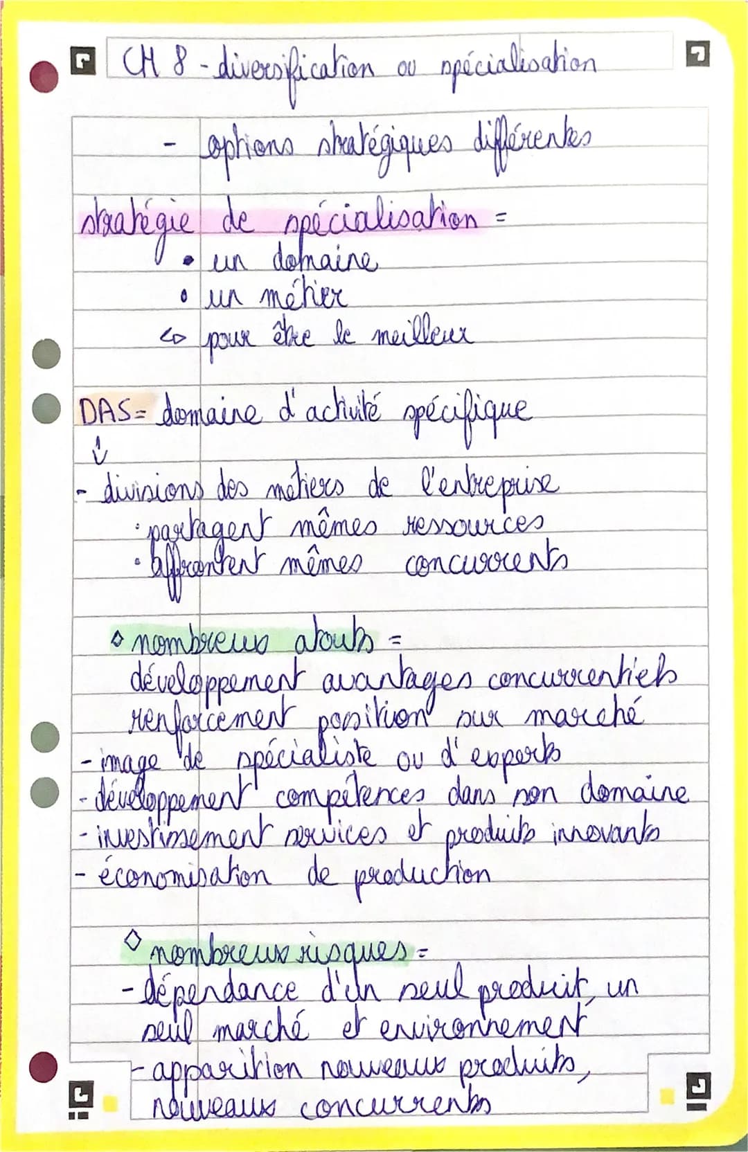 □ [CH 8 - diversification
- diversification ou spécialisation
options stratégiques différentes
stratégie de spécialisation -
=
domaine
I
• u