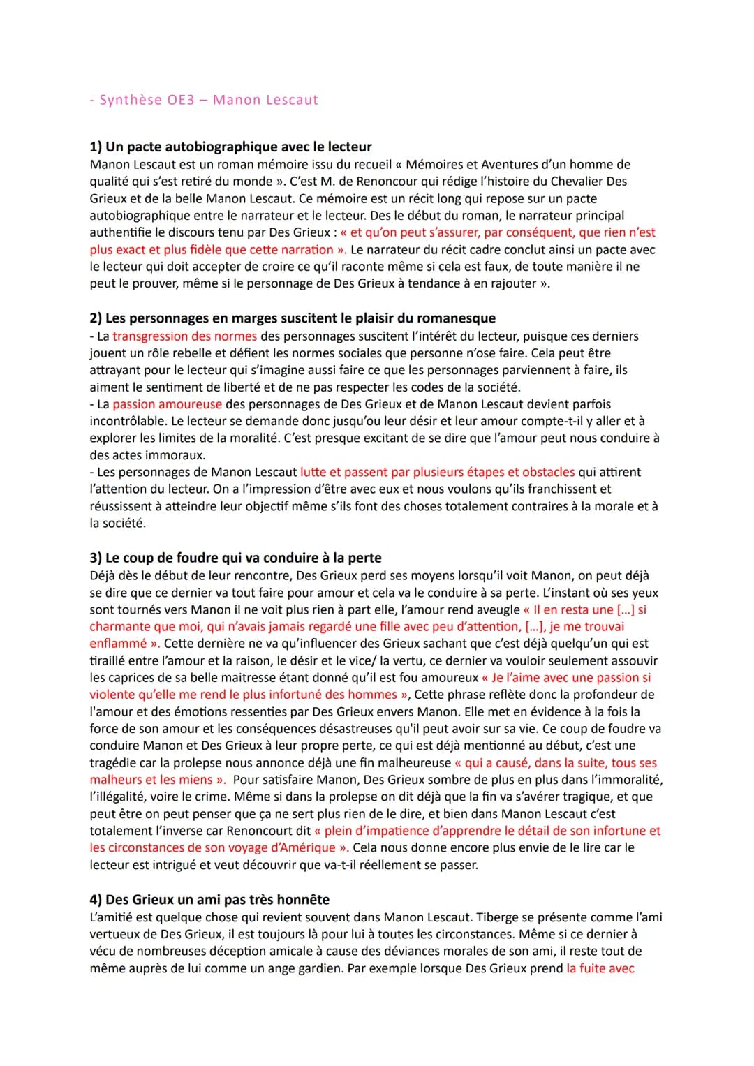 - Synthèse OE3 - Manon Lescaut
1) Un pacte autobiographique avec le lecteur
Manon Lescaut est un roman mémoire issu du recueil << Mémoires e