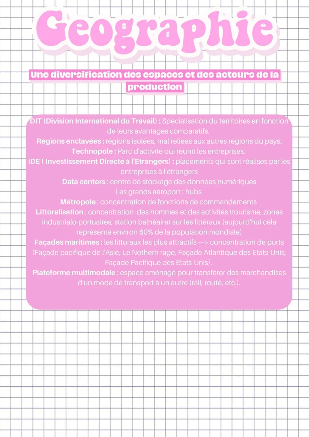 Geographie
Une diversification des espaces et des acteurs de la
production
Mondialisation: mise en relation généralisé des territoires de la