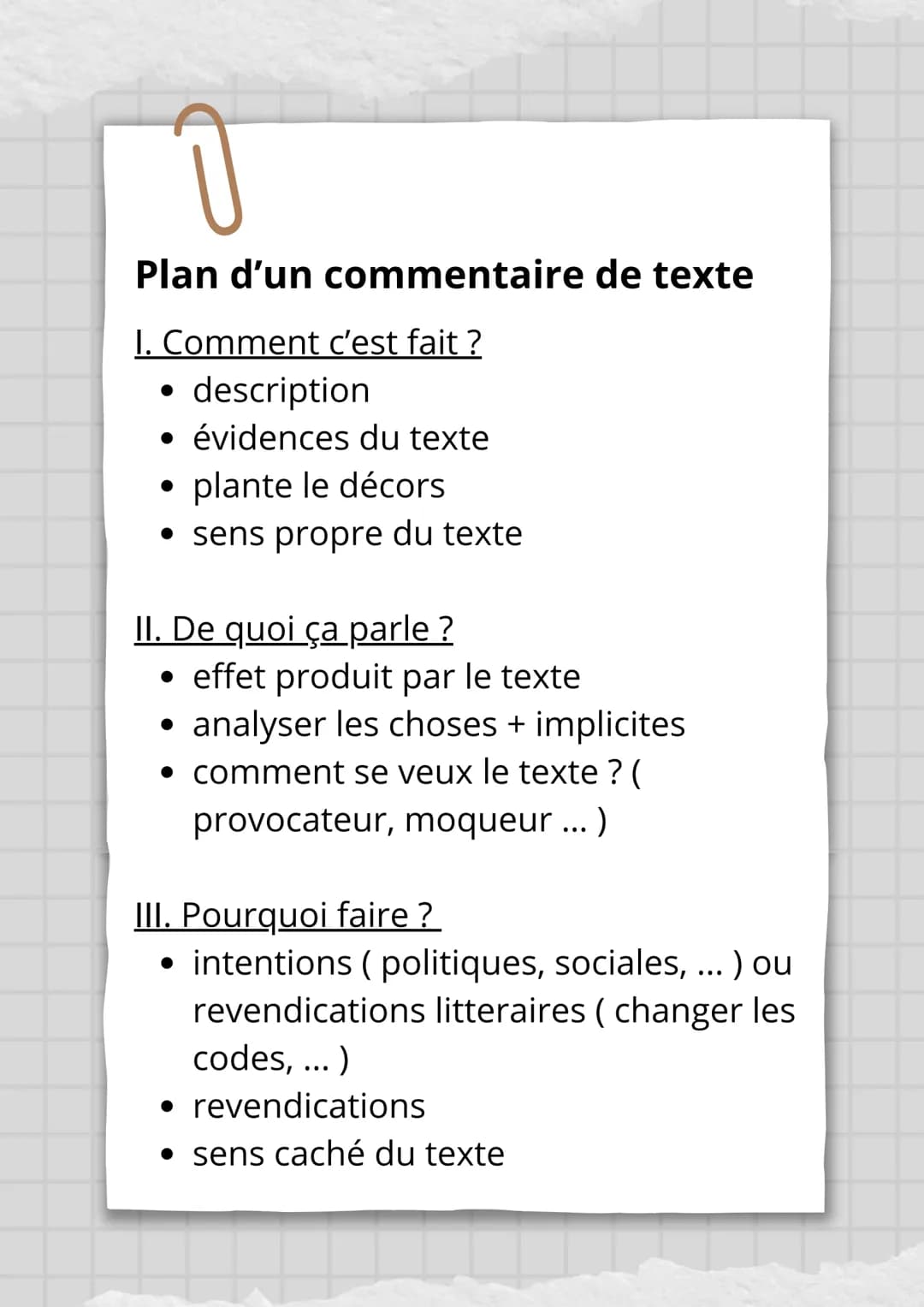 Plan d'un commentaire de texte
I. Comment c'est fait ?
• description
• évidences du texte
•
plante le décors
• sens propre du texte
II. De q