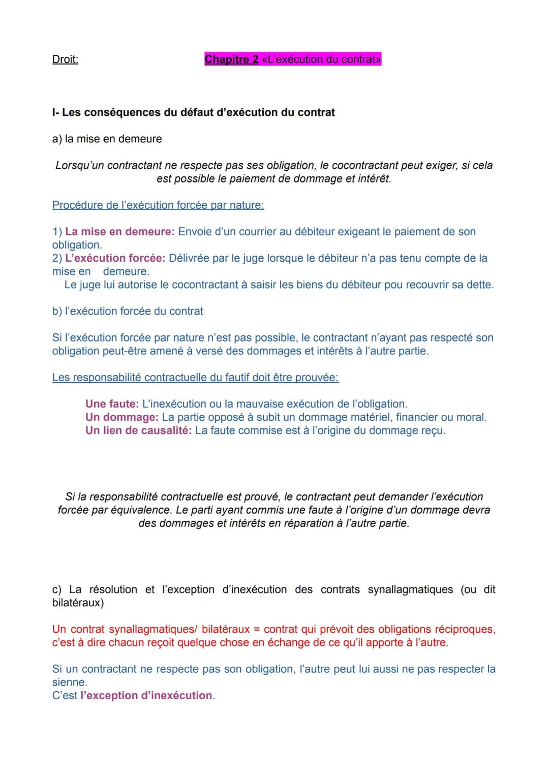 Droit:
Chapitre 2 «L'exécution du contrat>>
I- Les conséquences du défaut d'exécution du contrat
a) la mise en demeure
Lorsqu'un contractant