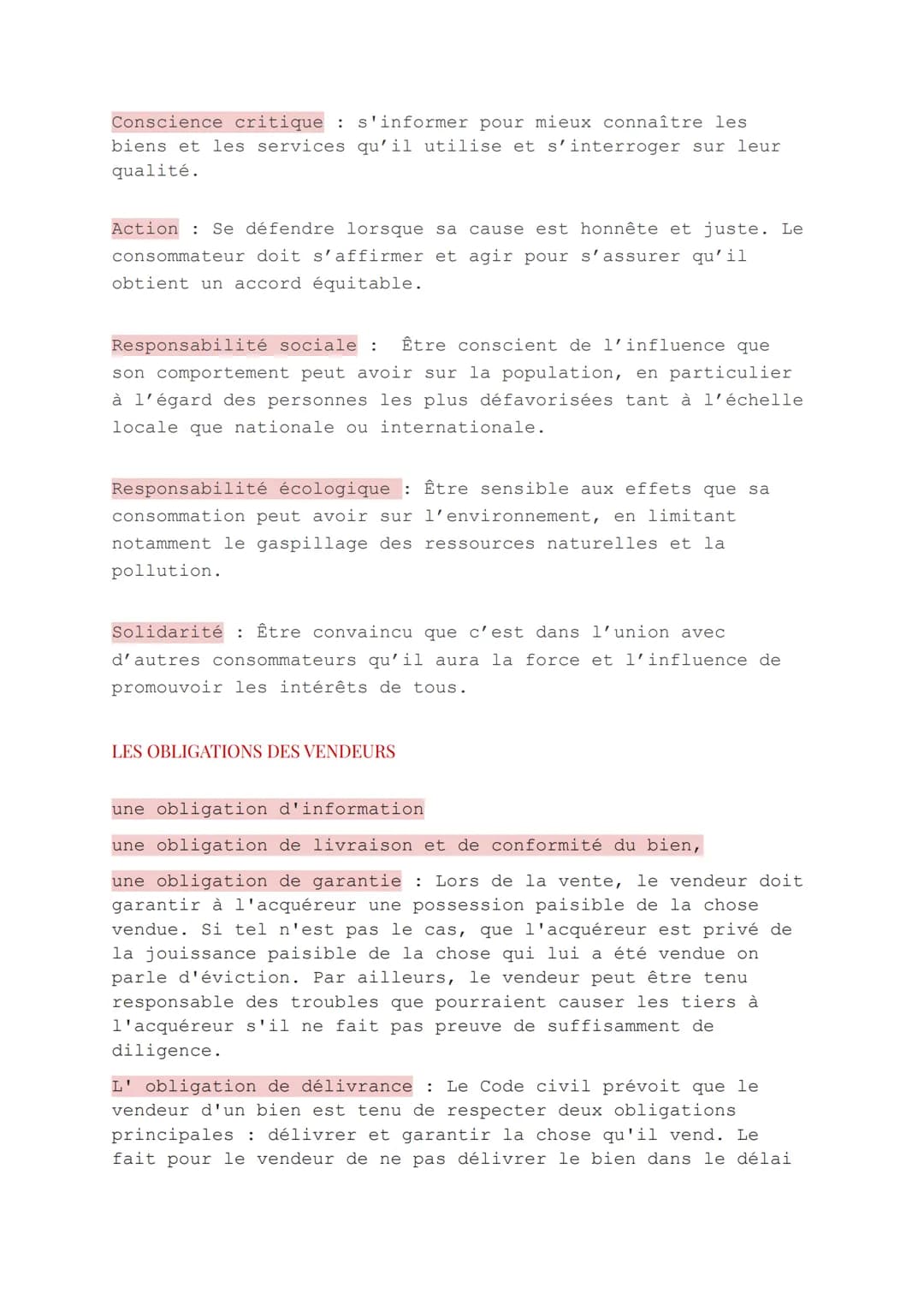Eco gestion
Les droits et les obligations du vendeur et du consommateur
LES DROITS DES CONSOMMATEURS
Droit à la sécurité : Être protégé cont