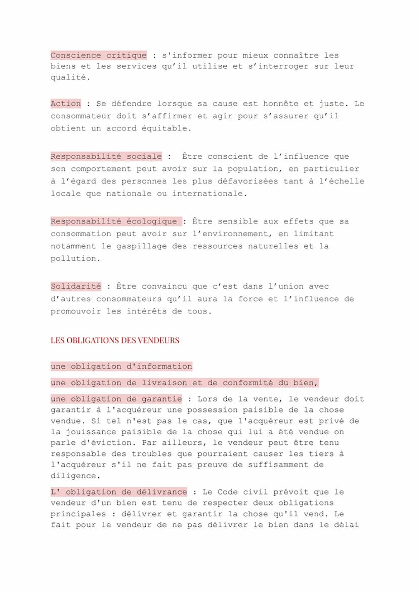 Eco gestion
Les droits et les obligations du vendeur et du consommateur
LES DROITS DES CONSOMMATEURS
Droit à la sécurité : Être protégé cont