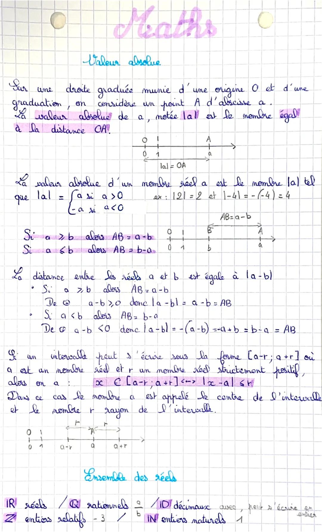 # Maths

Valeur absolue

Sur une droite graduée munie d'une origine O et d'une
graduation, on considère un point A d'abscisse a.
La valeur a