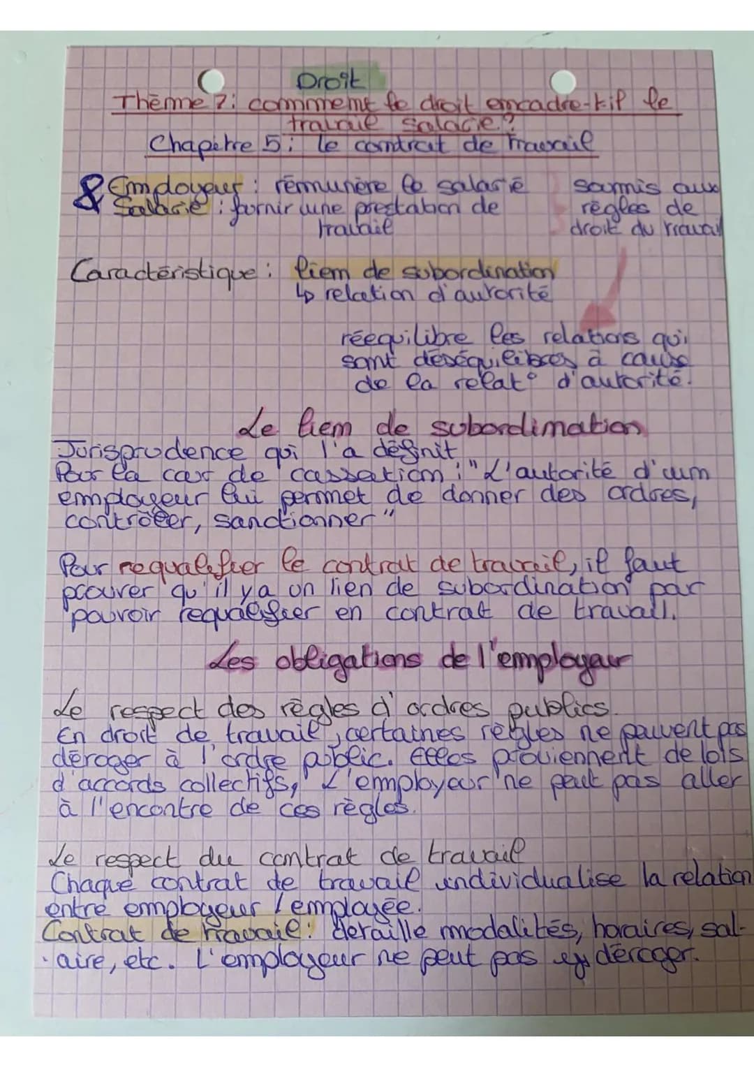 Droit
Thème ?: comment be droit encadre-kil le
travail Salace
Chapitre 5: le contrat de travail
& Em doyour: rémunère le salarié
Salarie : f