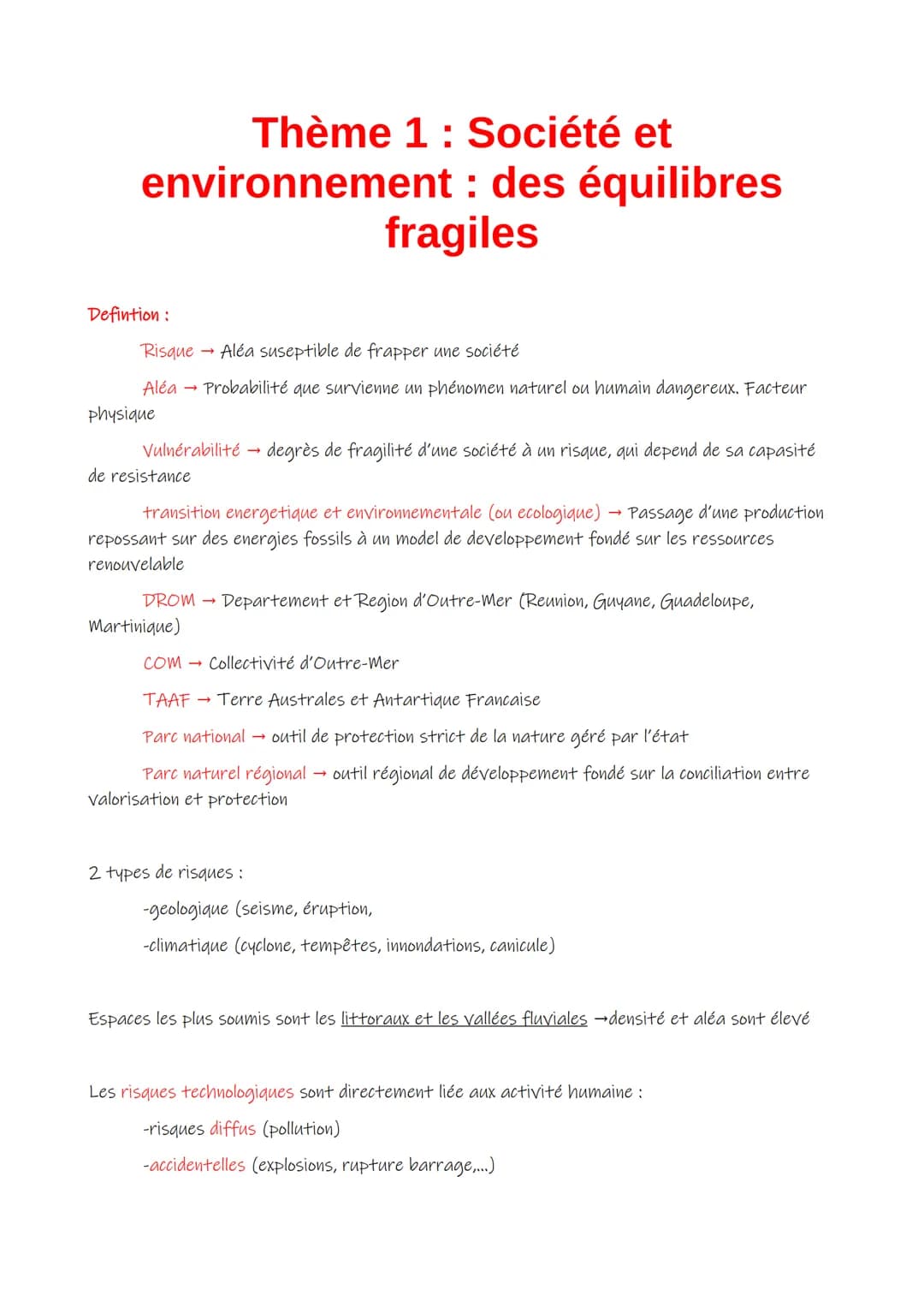 Thème 1: Société et
environnement des équilibres
fragiles
Defintion:
Risque → •Aléa suseptible de frapper une société
Aléa → Probabilité que