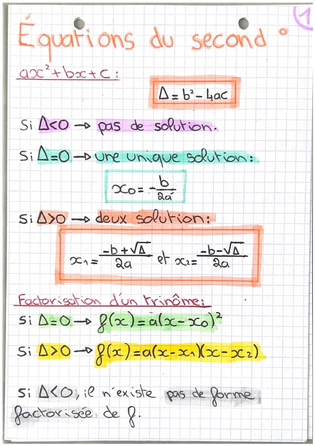 # Équations du second

ax²+bx+c:

$
\Delta = b²-4ac
$

Si $\Delta$<0 $\rightarrow$ pas de solution.

Si $\Delta$=0 $\rightarrow$ une unique 