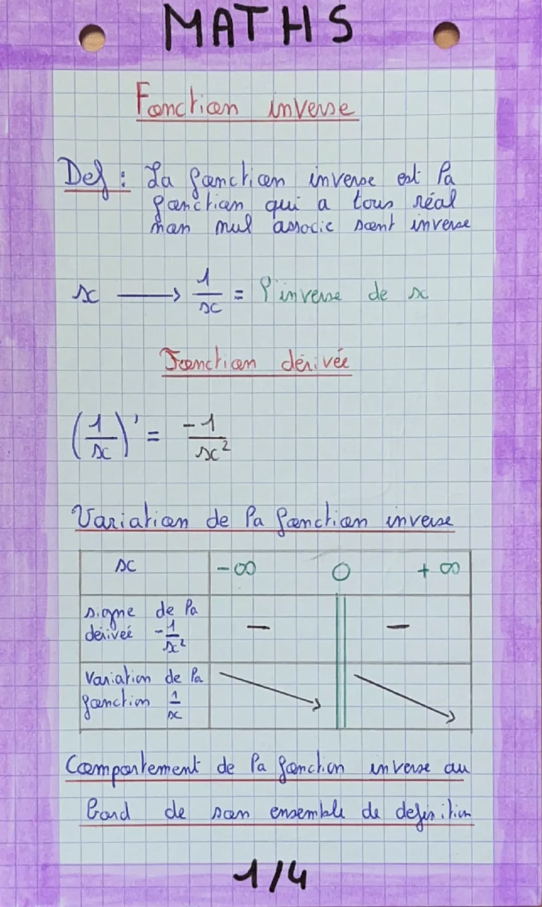 MATHS
Fonction inverse
C
Def: La fancticen inverse est Pa
Sanction qui a tous réal
man mul associe scent inverse
Л
->
=
L'inverse de x
sc
Fo
