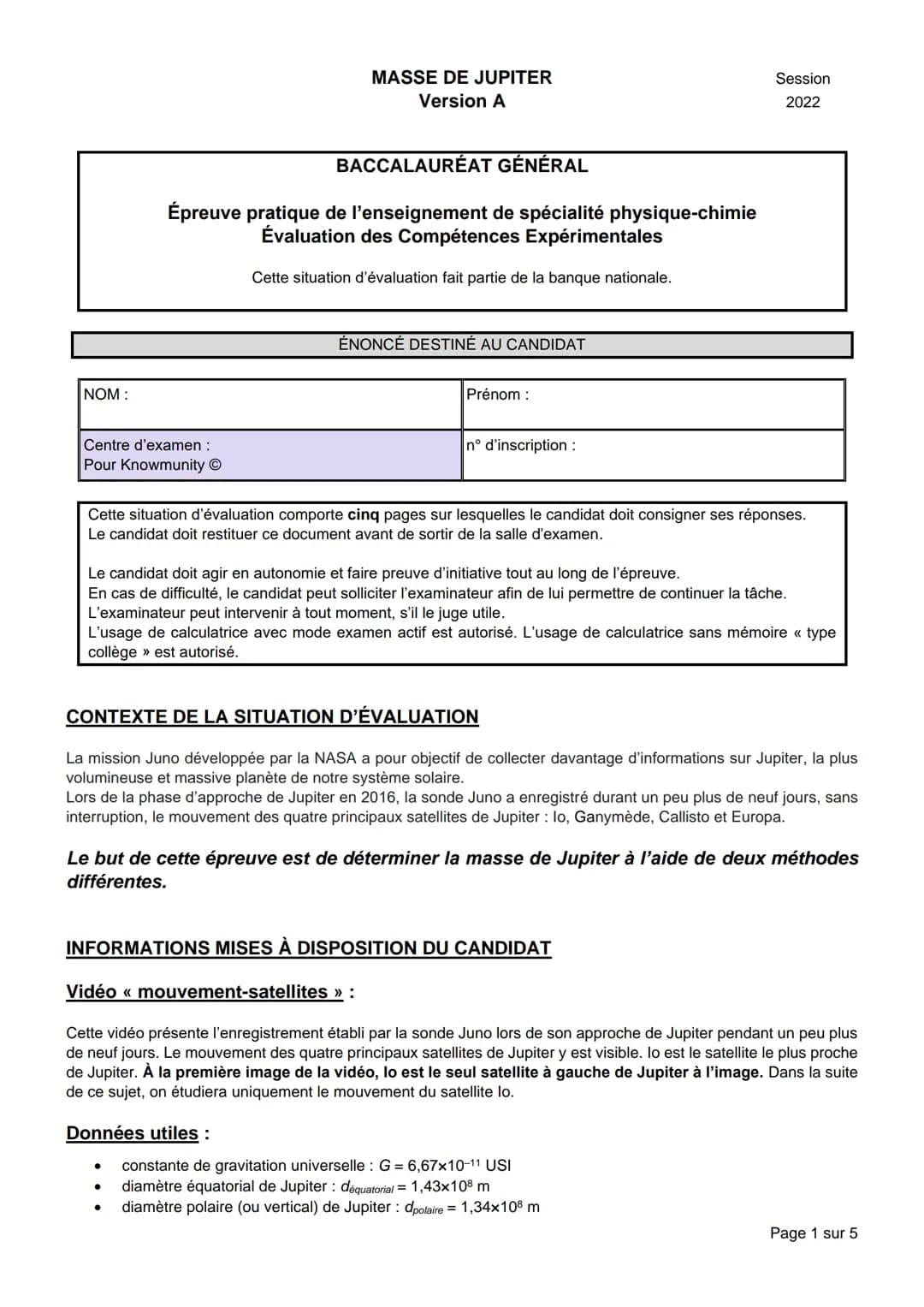 NOM :
Centre d'examen :
Pour Knowmunity Ⓒ
BACCALAURÉAT GÉNÉRAL
Épreuve pratique de l'enseignement de spécialité physique-chimie
Évaluation d