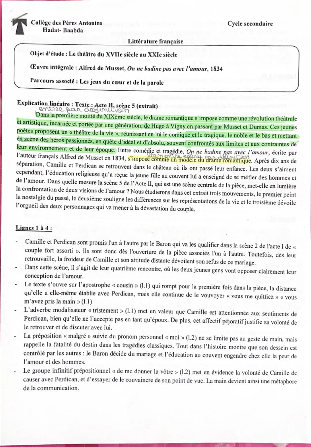 --- OCR Start ---
Collège des Pères Antonins
Hadat- Baabda
Cycle secondaire
Littérature française
Objet d'étude: Le théâtre du XVIIe siècle 
