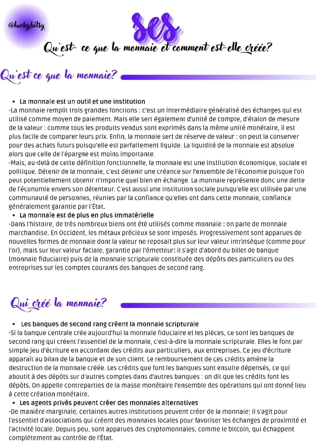 Qu'est- ce que la monnaie et comment est-elle créée? Première SES