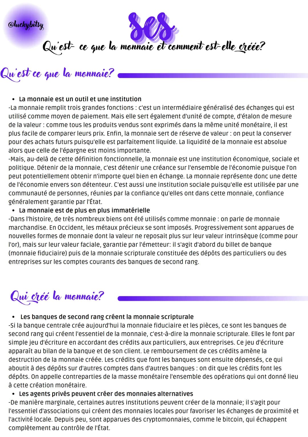 @luckybitsy
ses
ce que la monnaie et comment est-elle créée?
Qu'est-
Qu'est ce que la monnaie?
• La monnaie est un outil et une institution

