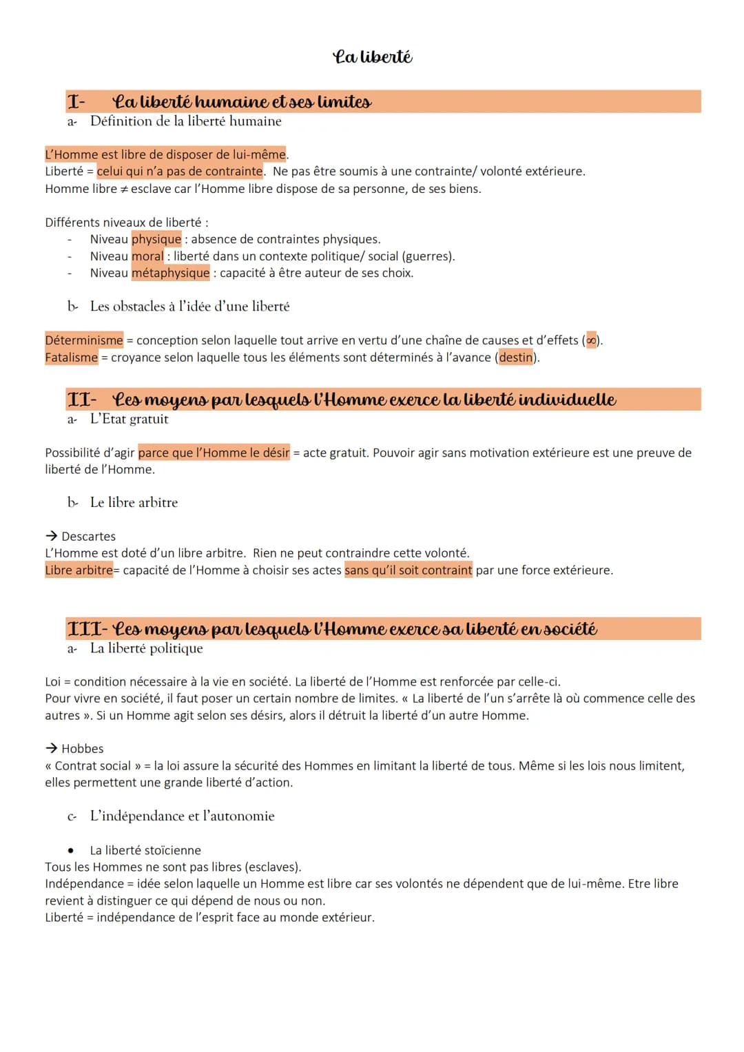 I-
a
La liberté humaine et ses limites
Définition de la liberté humaine
L'Homme est libre de disposer de lui-même.
Liberté = celui qui n'a p
