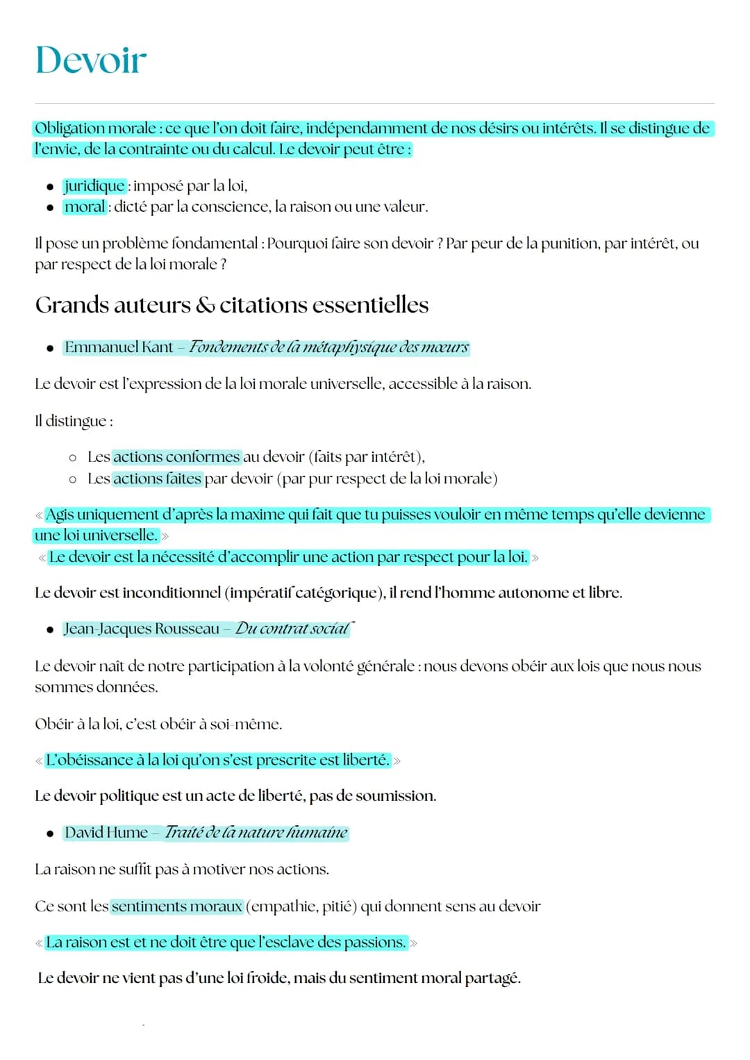 Devoir
Obligation morale : ce que l'on doit faire, indépendamment de nos désirs ou intérêts. Il se distingue de
l'envie, de la contrainte ou
