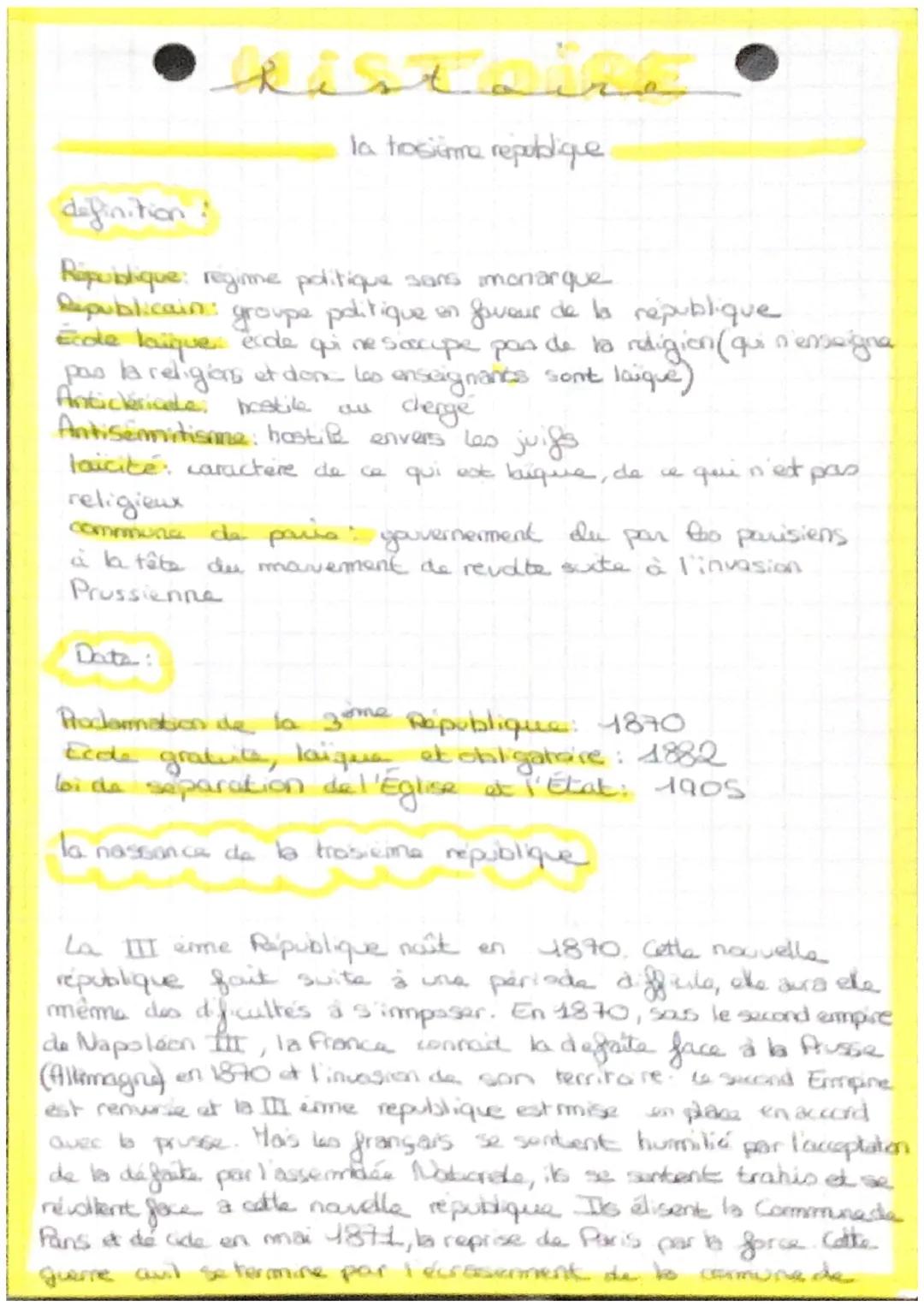 # histoire
la trosiimme repoblique.

definition:
République: regime politique sans monarque
Republicain: groupe politique en faveur de la ré