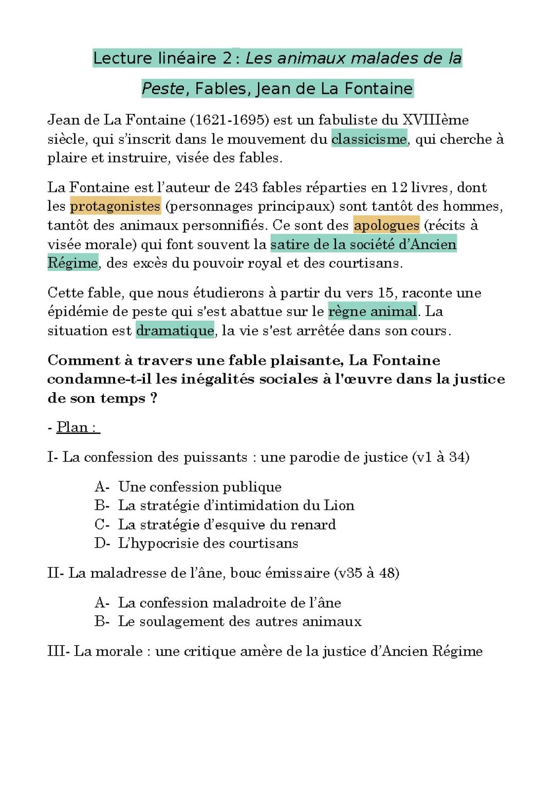 Les animaux malades de la peste : Analyse 3ème, PDF et résumé