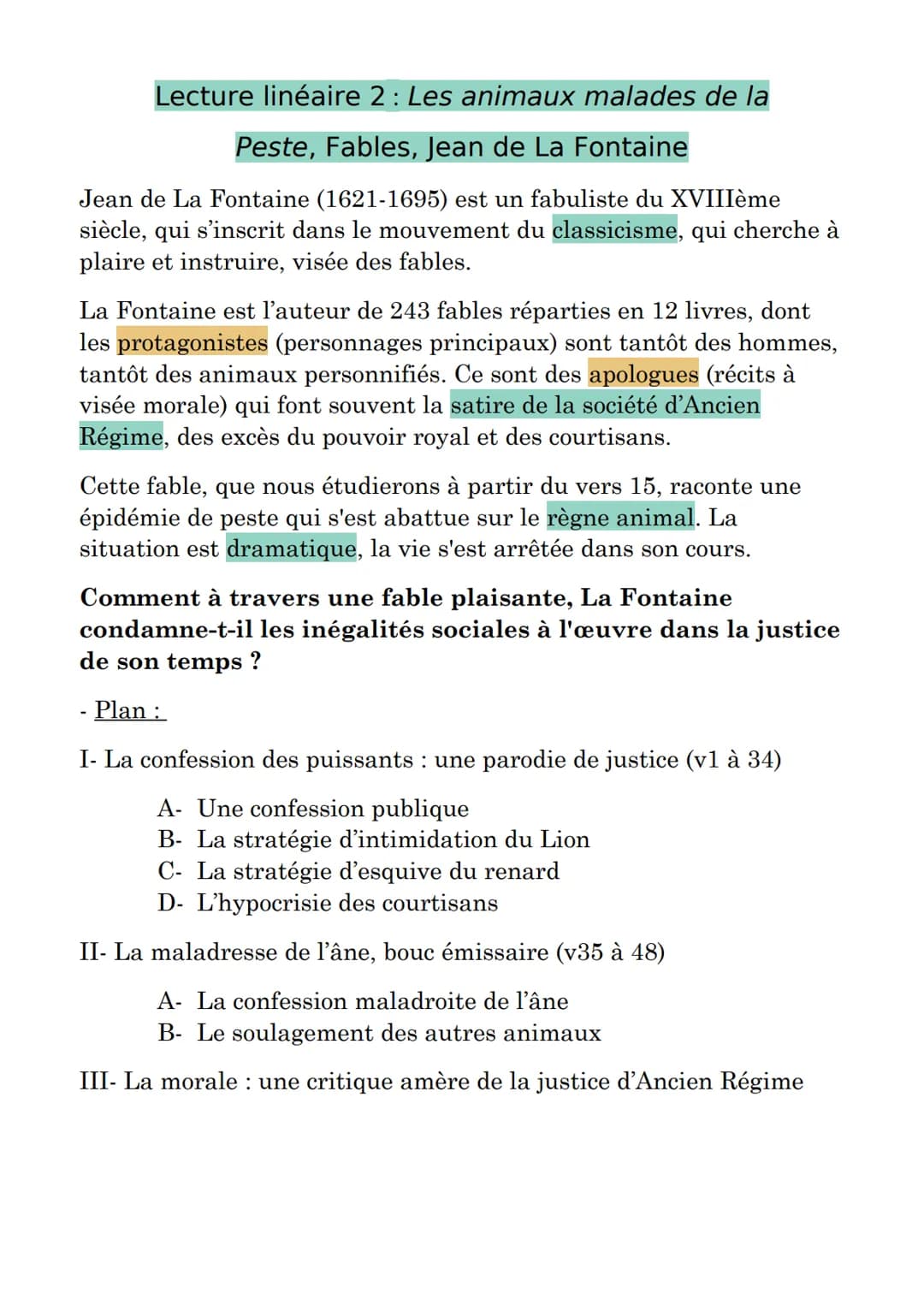 Lecture linéaire 2 : Les animaux malades de la
Peste, Fables, Jean de La Fontaine
Jean de La Fontaine (1621-1695) est un fabuliste du XVIIIè