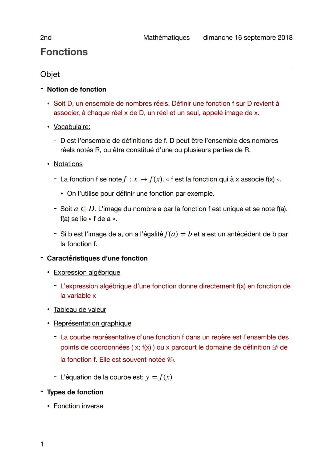 2nd
Fonctions
Objet
1
Mathématiques
Notion de fonction
• Soit D, un ensemble de nombres réels. Définir une fonction f sur D revient à
associ