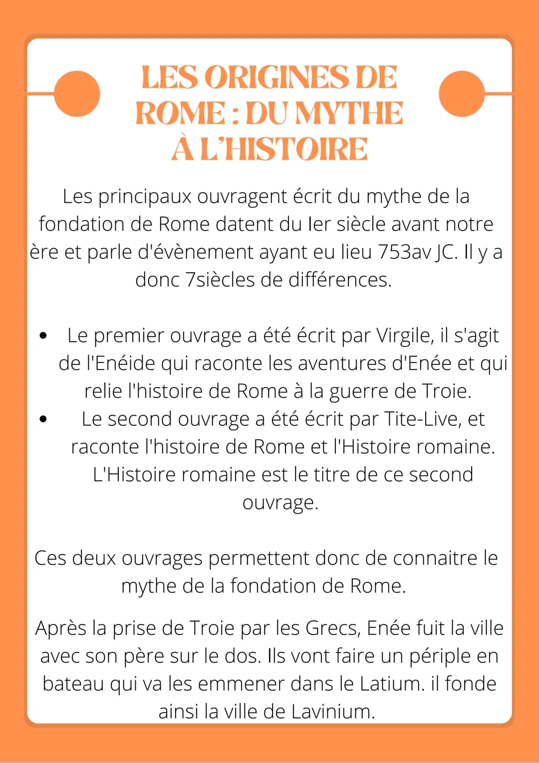 LES ORIGINES DE
ROME: DU MYTHE
À L'HISTOIRE
Les principaux ouvragent écrit du mythe de la
fondation de Rome datent du ler siècle avant notre