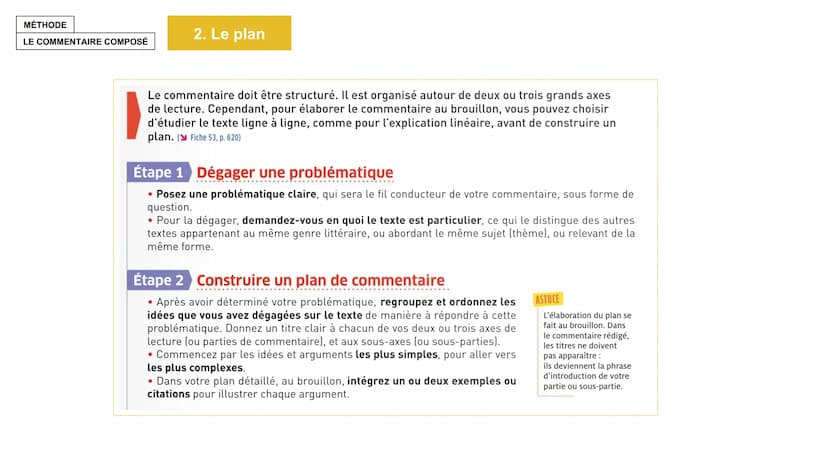 MÉTHODE
LE COMMENTAIRE
COMPOSÉ MÉTHODE
1. L'analyse
LE COMMENTAIRE COMPOSÉ
Lire et comprendre le texte
Pour commenter un texte, il faut comp