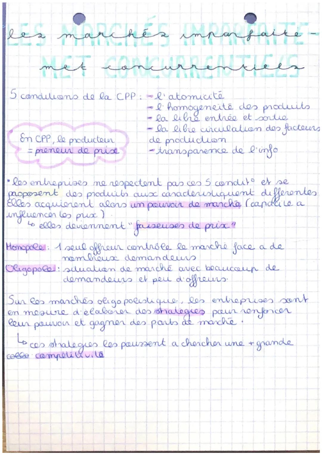 les marchés
met concurren
5 conditions de la CPP:
En CPP, le producteur
= preneur de prix
imparfaite
tee
l'atomicité
- l' homogeneité des pr