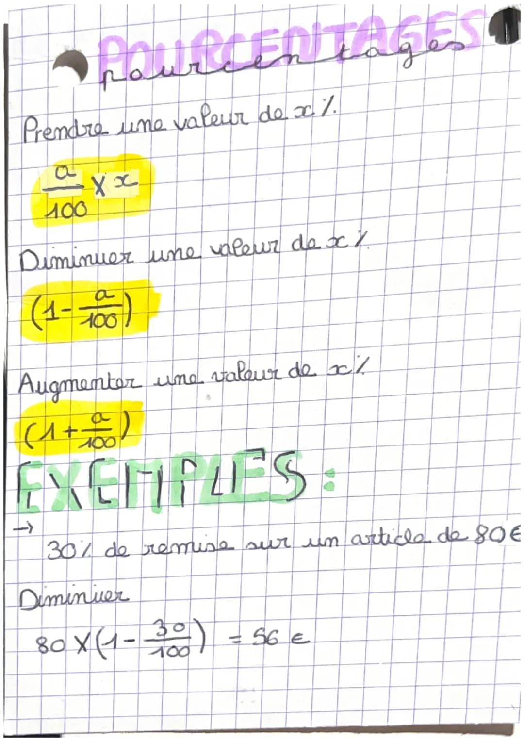 Prendre une valeur de x. %.
POURCENTAGES
axx
400
Diminuer une valeur de x/
(1-100)
Augmenter une valeur de xc/
(1+2)
→
6
Sh
EXEMPLES
30% de 