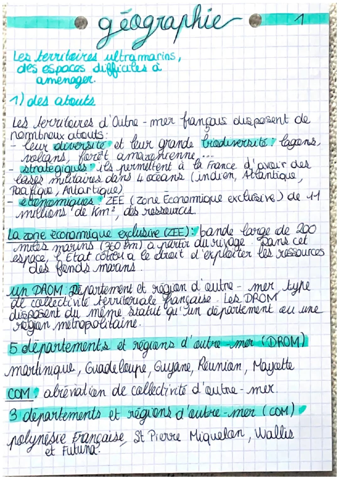 géographie
Les territoires ultramarins,
des espaces difficiles à
amenager.
1) des atouts
Les territoires d'Outre-mer françous disposent de
l