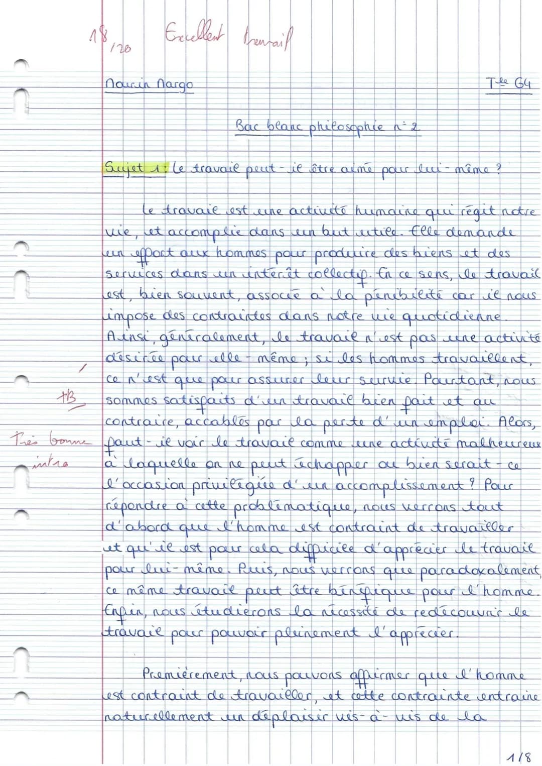+B
1
120
Excellent trentail
Mourin Margo
The 64
Bac blanc philosophice n° 2
Sujet 1: le travail peut-il être aimé pour lui même ?
teen
le tr