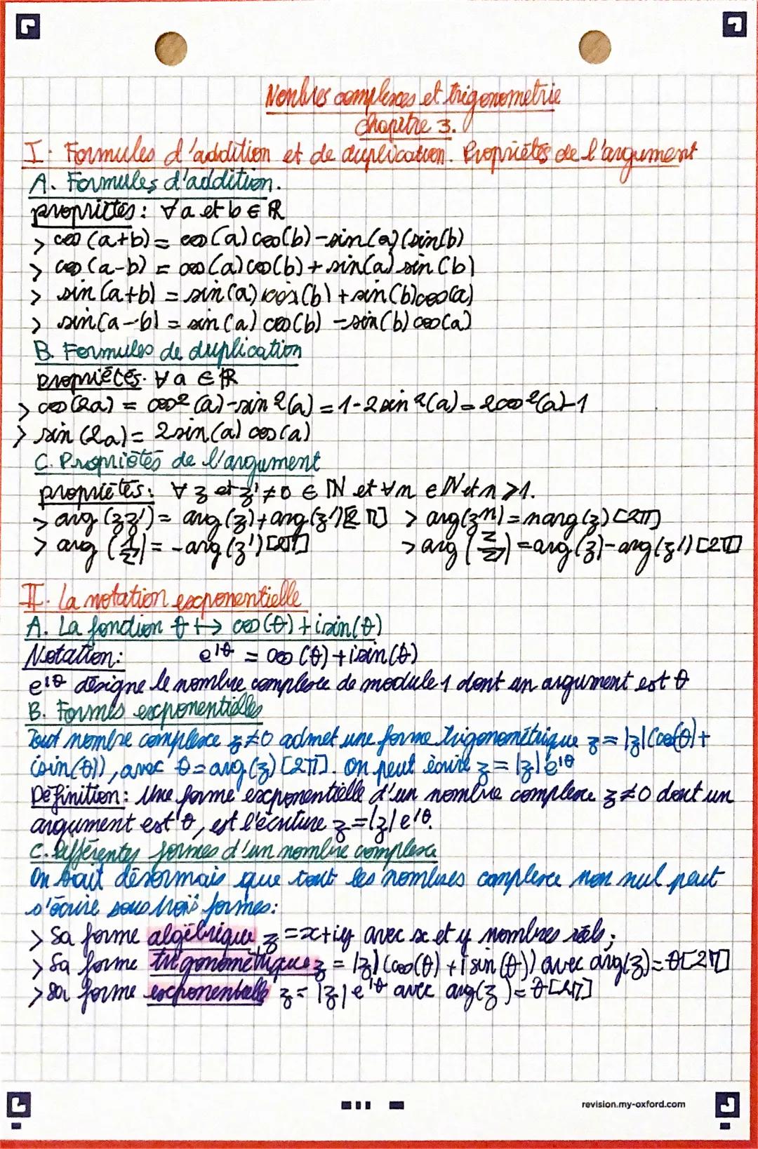 Nombres complexes et trigonometrie
Chapitre 3.
I Formules d'addition et de duplication. Proprietes de l'argument
A. Formules d'addition.
pro