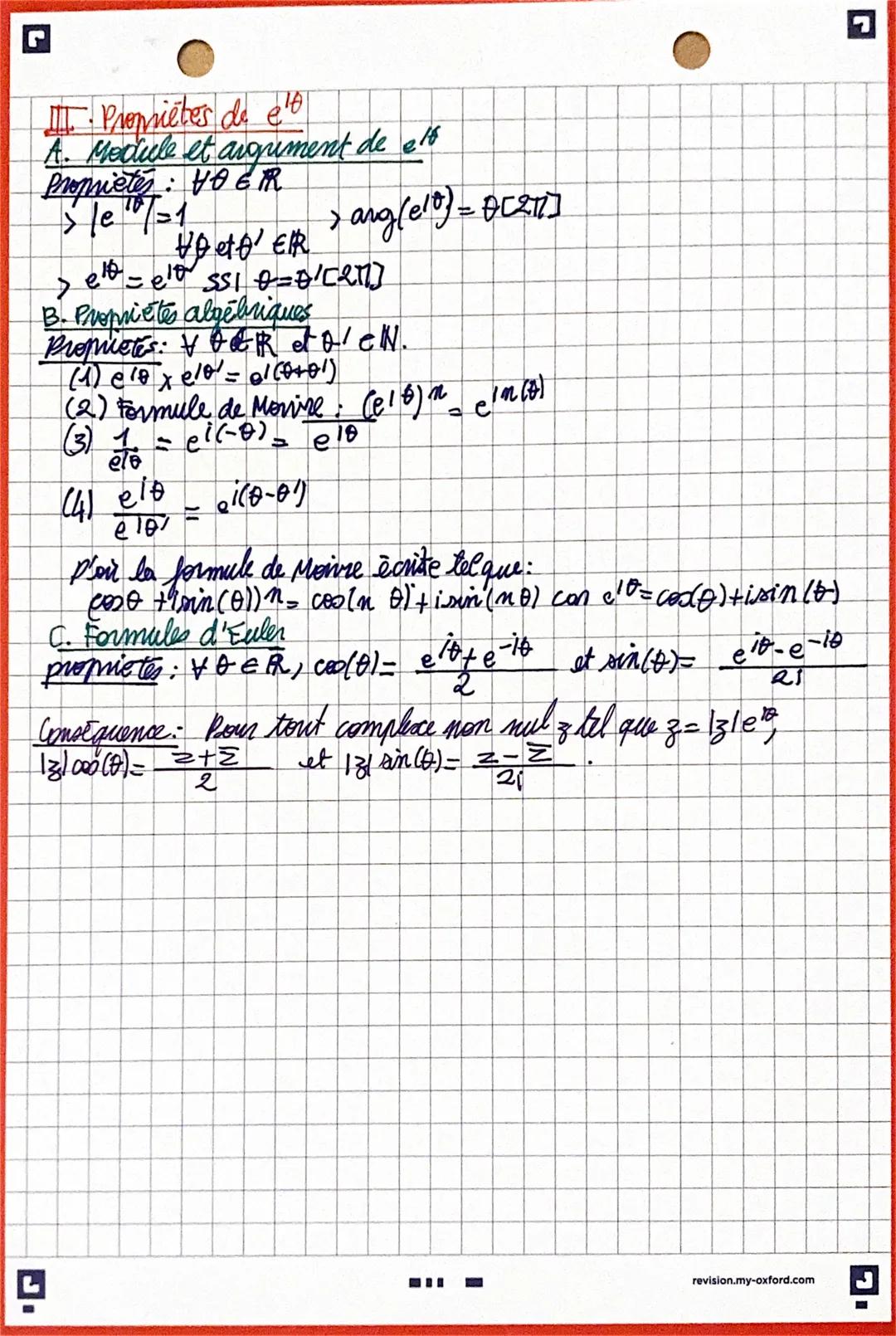 Nombres complexes et trigonometrie
Chapitre 3.
I Formules d'addition et de duplication. Proprietes de l'argument
A. Formules d'addition.
pro