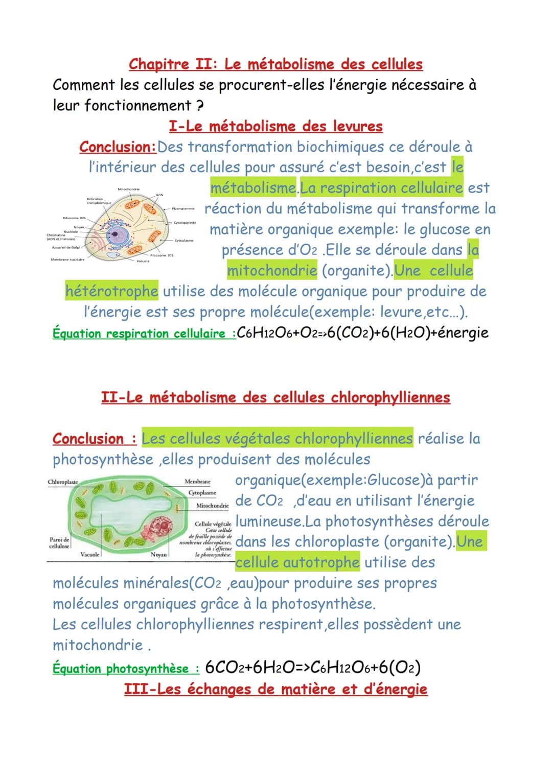 Chapitre II: Le métabolisme des cellules
Comment les cellules se procurent-elles l'énergie nécessaire à
leur fonctionnement ?
I-Le métabolis