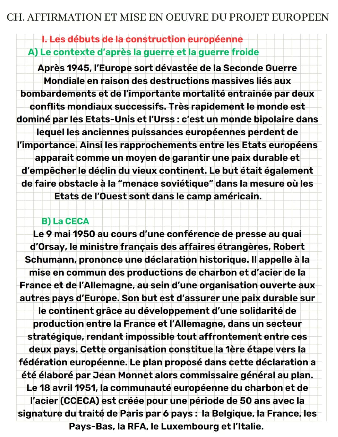 CH. AFFIRMATION ET MISE EN OEUVRE DU PROJET EUROPEEN
I. Les débuts de la construction européenne
A) Le contexte d'après la guerre et la guer