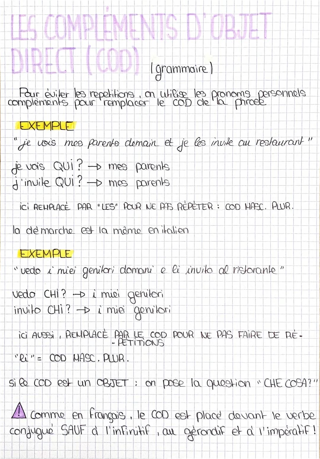 LES COMPLEMENTS D'OBJET
DIRECT (COD) (grammaire )
Pour éviter les repetitions, on utilise les pronoms personnels
complements pour remplacer 