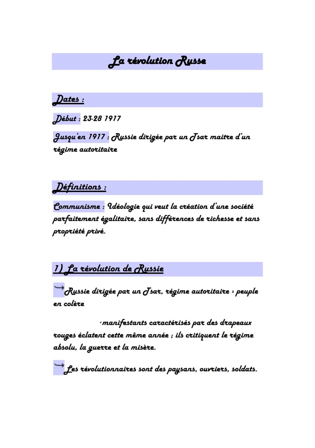 La révolution Russe
Dates:
Début : 23-28 1917
Jusqu'en 1917: Russie dirigée par un Jsar maitre d'un
régime autoritaire
Définitions :
Communi