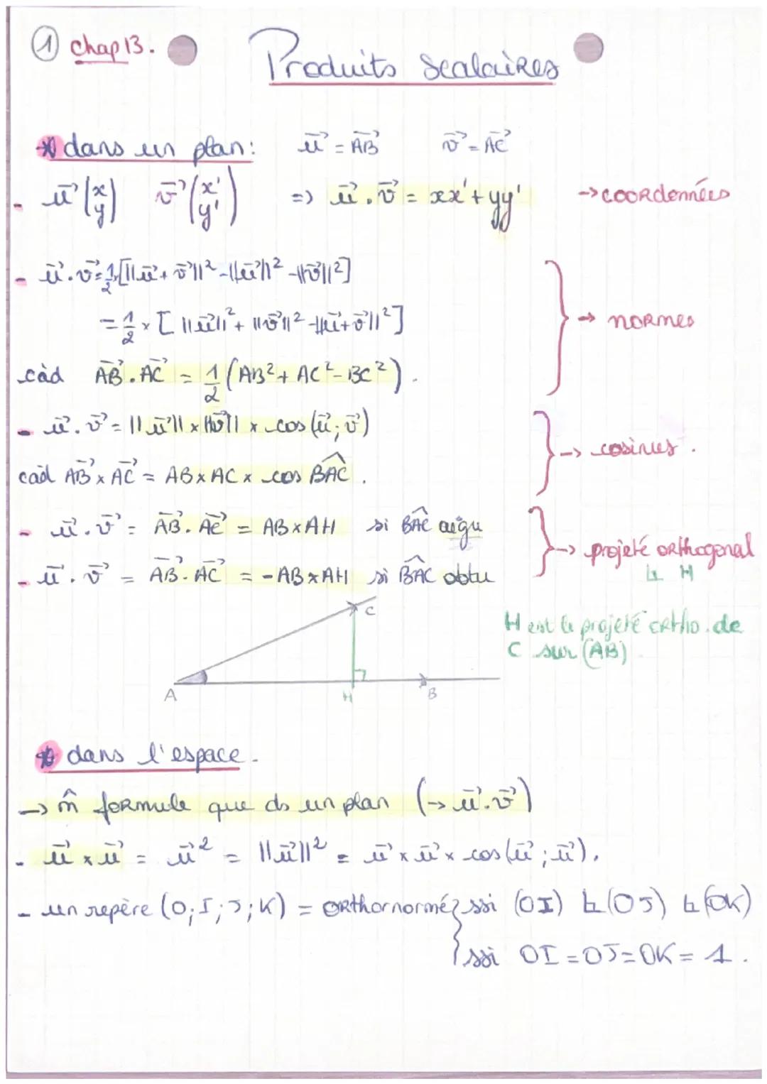 # chap 13.

Produits Scalaires

*dans un plan: $\vec{u} = \vec{AB}$ $\vec{v} = \vec{AC}$

- $\vec{u}\binom{x}{y}$ $\vec{v}\binom{x'}{y'}$) =