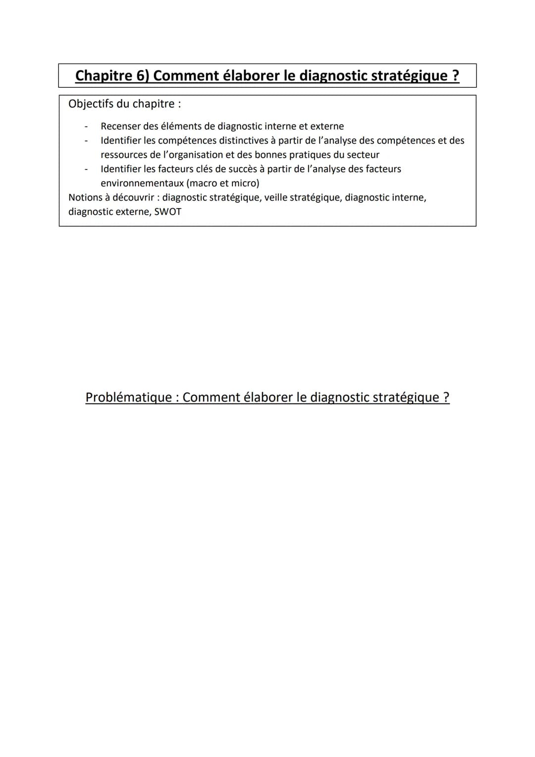 Chapitre 6) Comment élaborer le diagnostic stratégique ?
Objectifs du chapitre :
Recenser des éléments de diagnostic interne et externe
Iden