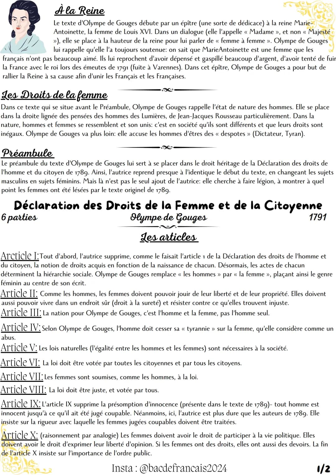 À la Reine
Le texte d'Olympe de Gouges débute par un épître (une sorte de dédicace) à la reine Marie-
Antoinette, la femme de Louis XVI. Dan