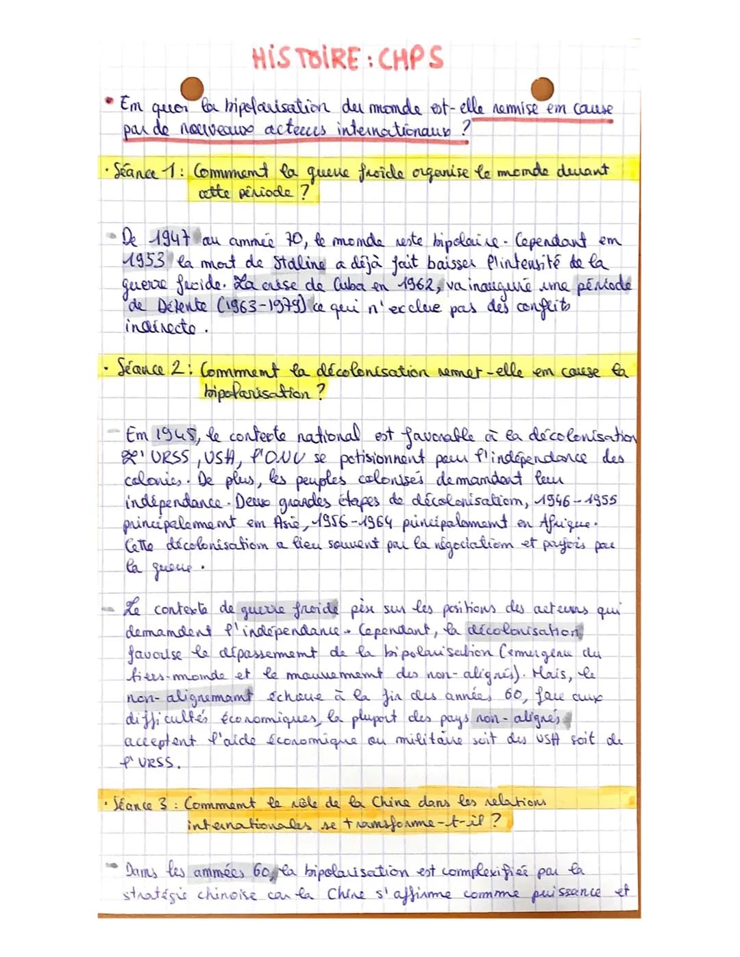 HISTOIRE : CHPS
Em
la bipolarisation du monde est-elle remise em cause
par de nouveaux acteurs internationaux ?"
quor
• Séance 1: Comment la
