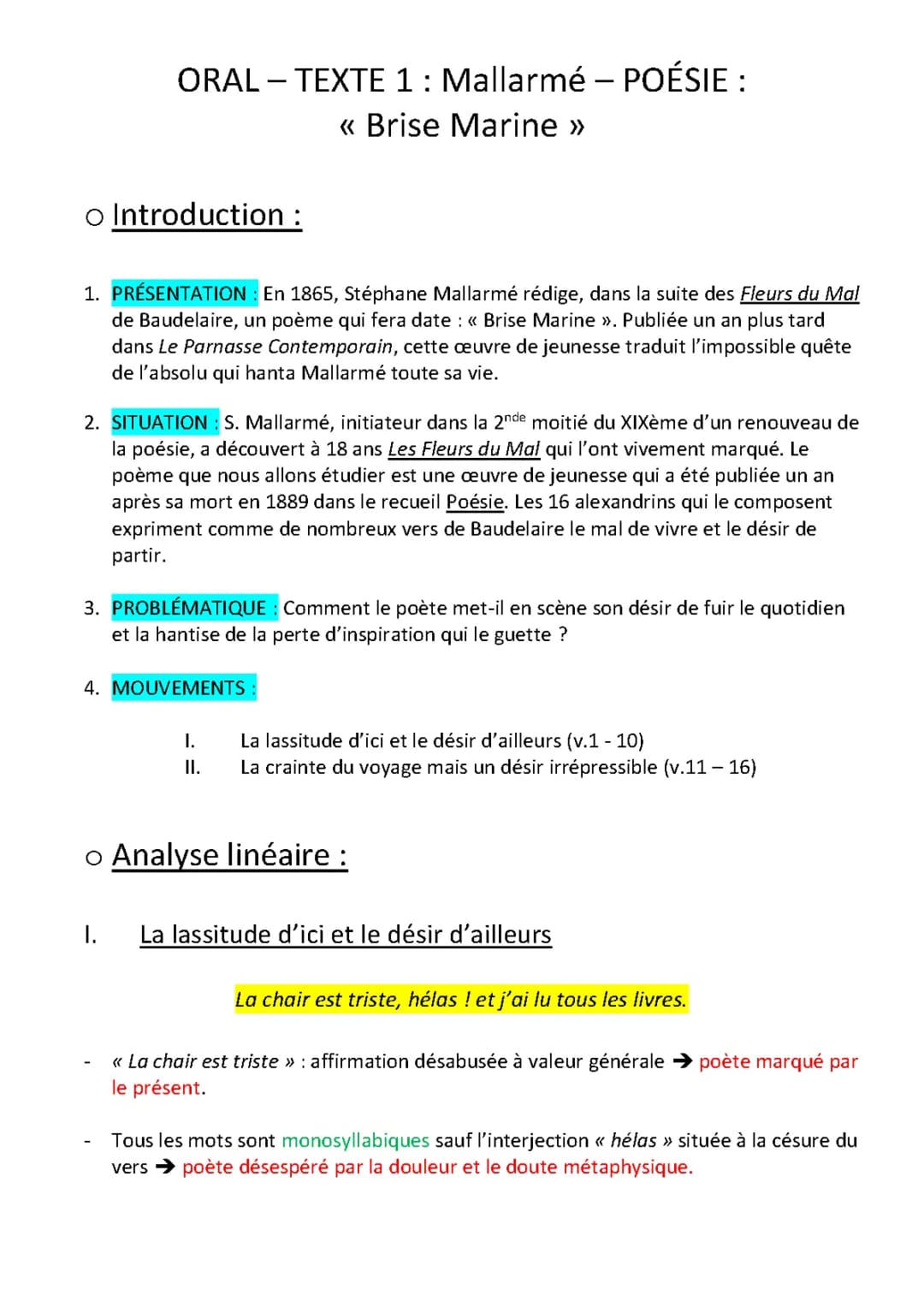 Brise Marine Mallarmé: Poème et Analyse Linéaire en PDF