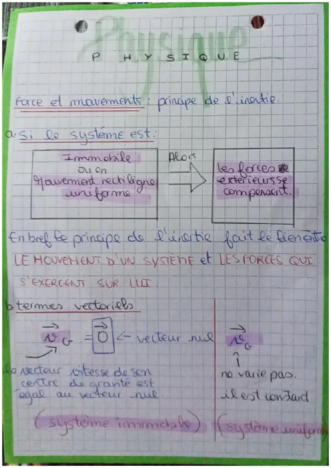 HYSIQUE
force et movements principe de l'inertie.
a. Si le systeme est.
Immobile
av en
Youverment rectiligne
uniforme
S'EXERCENT SUR LUT
En 