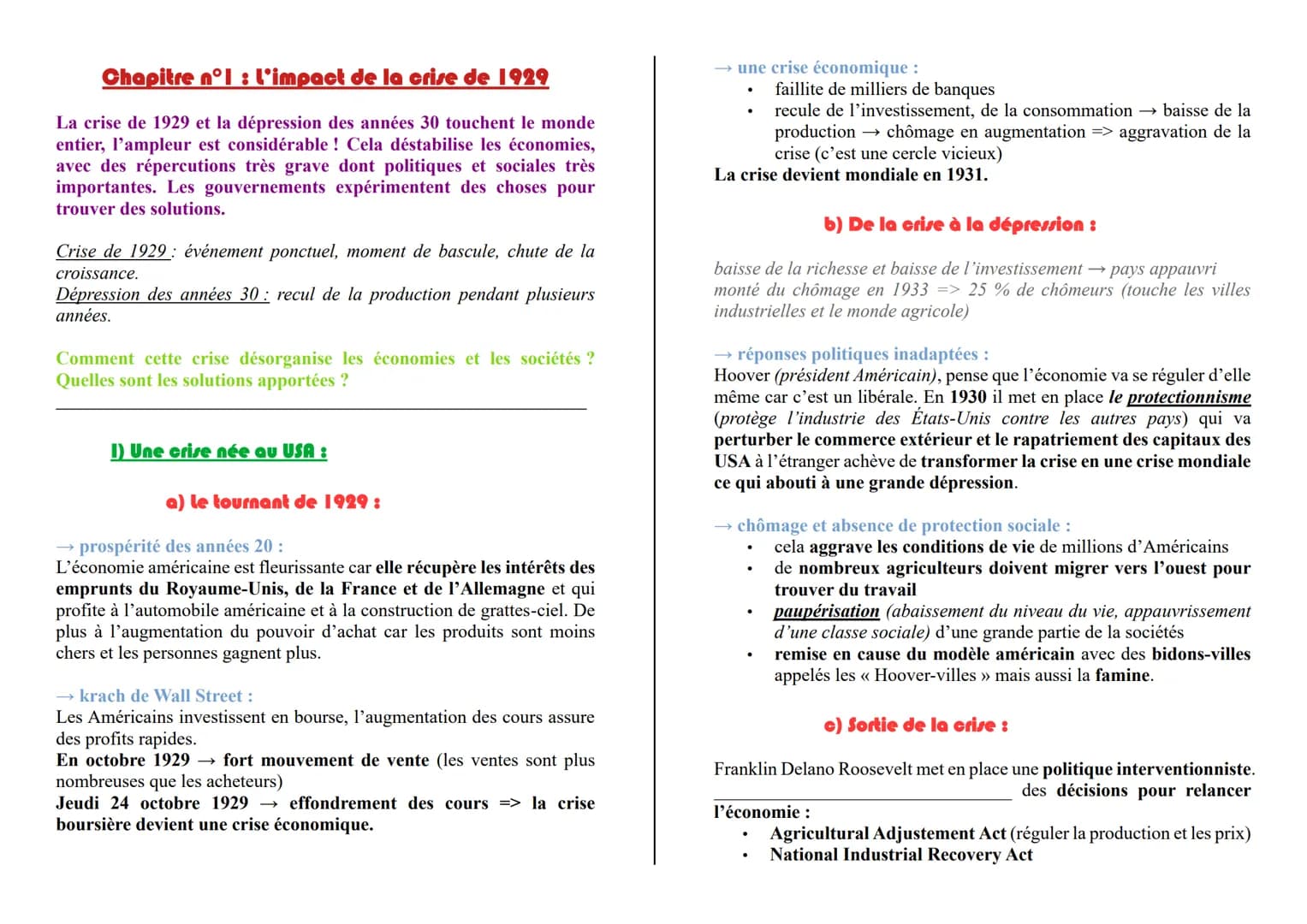 Chapitre n°1 : l'impact de la crise de 1929
La crise de 1929 et la dépression des années 30 touchent le monde
entier, l'ampleur est considér